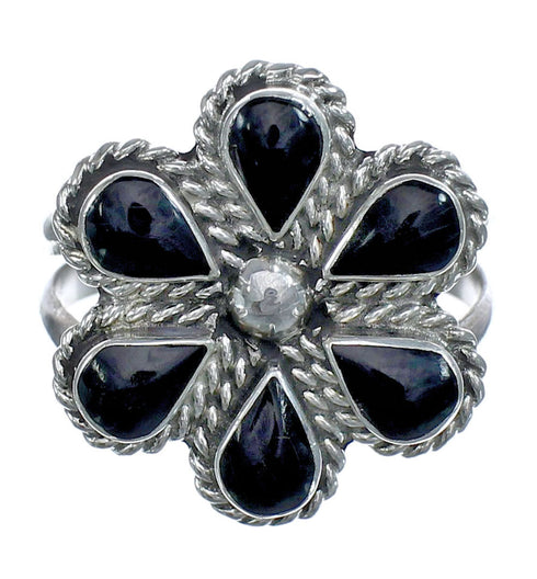Native American Onyx Flower Authentic Sterling Silver Ring Size 9 JX122355